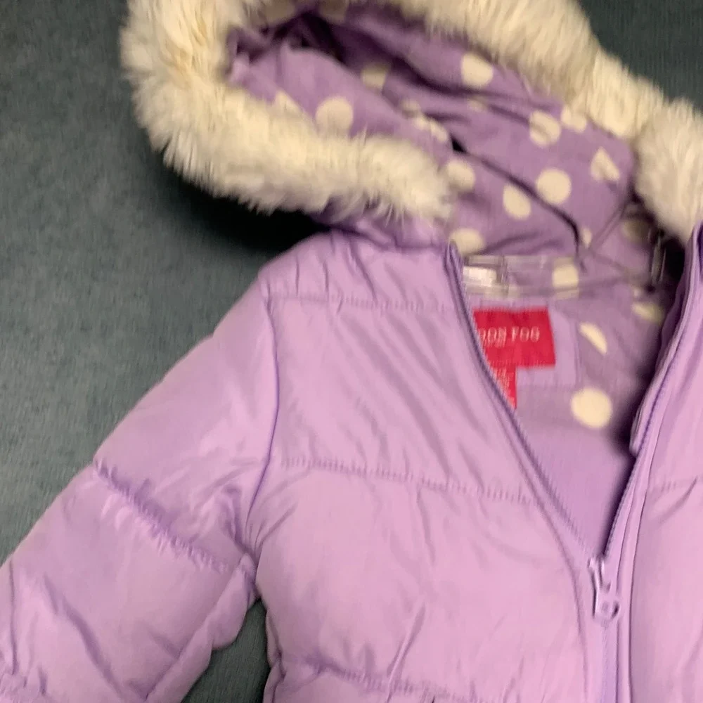 London Fog Puffer Jacket Girls S/4 Purple Faux Fur Trim Hood Fleece Lined Warm